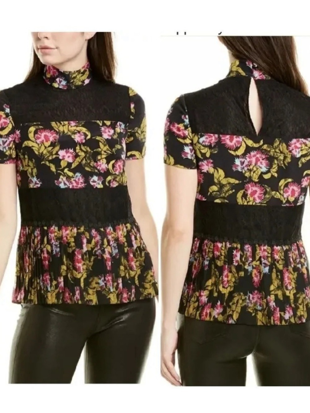 Saloni Dita Fuchsia Azalea & Black short-sleeve silk-blend blouse floral lace 8